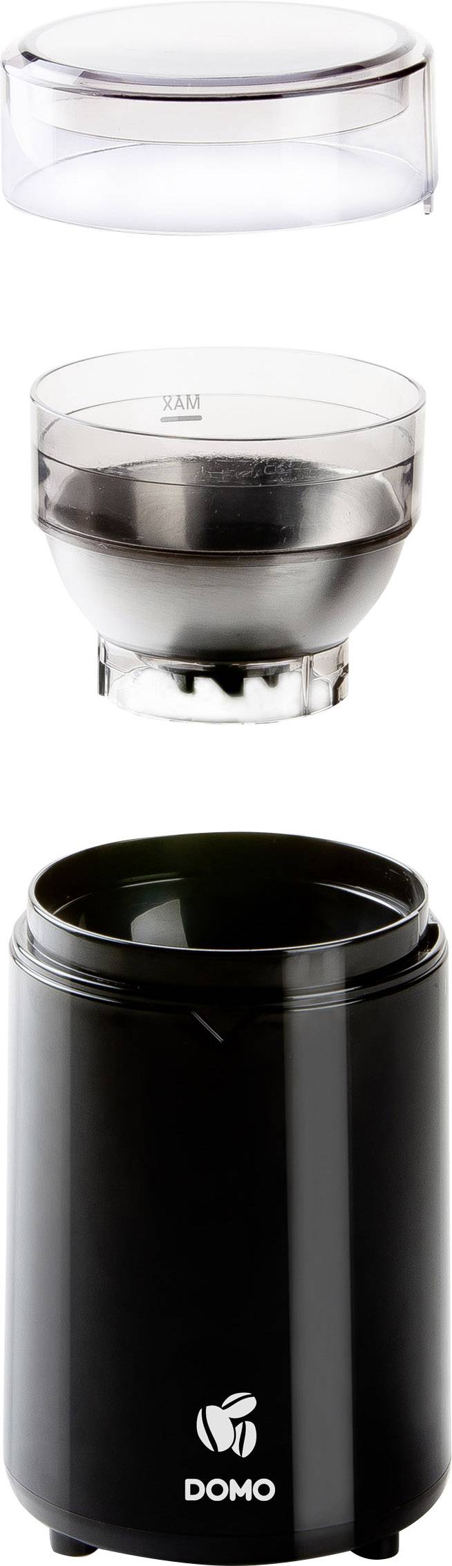 Czarna elektryczna młynka do kawy z przezroczystą pokrywą i pojemnikiem ze stali nierdzewnej. Nazwa marki 'DOMO' widoczna na obudowie.