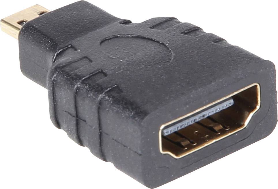 Czarny adapter HDMI z gniazdem HDMI i wtyczką Micro-HDMI, używany do łączenia urządzeń z różnymi złączami HDMI.