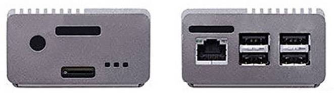 Dwa widoki kompaktowego urządzenia elektronicznego z gniazdami, w tym portami USB i złączem Ethernet.