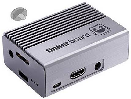 Srebrny minikomputerek z portami i napisem 'tinker board', odpowiedni do projektów majsterkowiczów i technicznych.