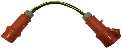 Elektryczna czerwona przedłużająca złączka kablowa połączona z dwoma wtyczkami, odpowiednia do zastosowań przemysłowych.