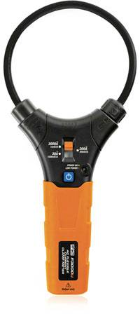 Cyfrowy miernik prądu w kolorze pomarańczowo-czarnym z elastyczną pętlą pomiarową, przeznaczony do pomiarów w trudno dostępnych przestrzeniach.