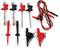 Różne elementy wyposażenia pomiarowego w kolorach czerwonym i czarnym, w tym zaciski krokodylkowe i przewody pomiarowe stosowane w testach elektronicznych.