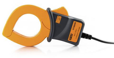 Pomarańczowy amperomierz z przewodem do pomiaru prądów elektrycznych. Główny składnik urządzenia pomiarowego dla elektryków.