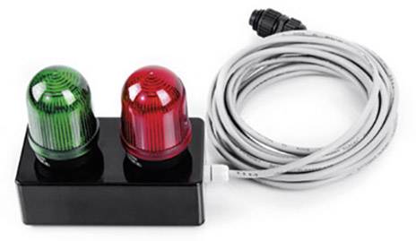 Dwie lampy sygnalizacyjne, jedna zielona, a druga czerwona, zamontowane na czarnej podstawie, z podłączonym przewodem.