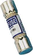 Bezpiecznik z metalowymi nakładkami na obu końcach. Na etykiecie widnieje napis 'FUSE'.