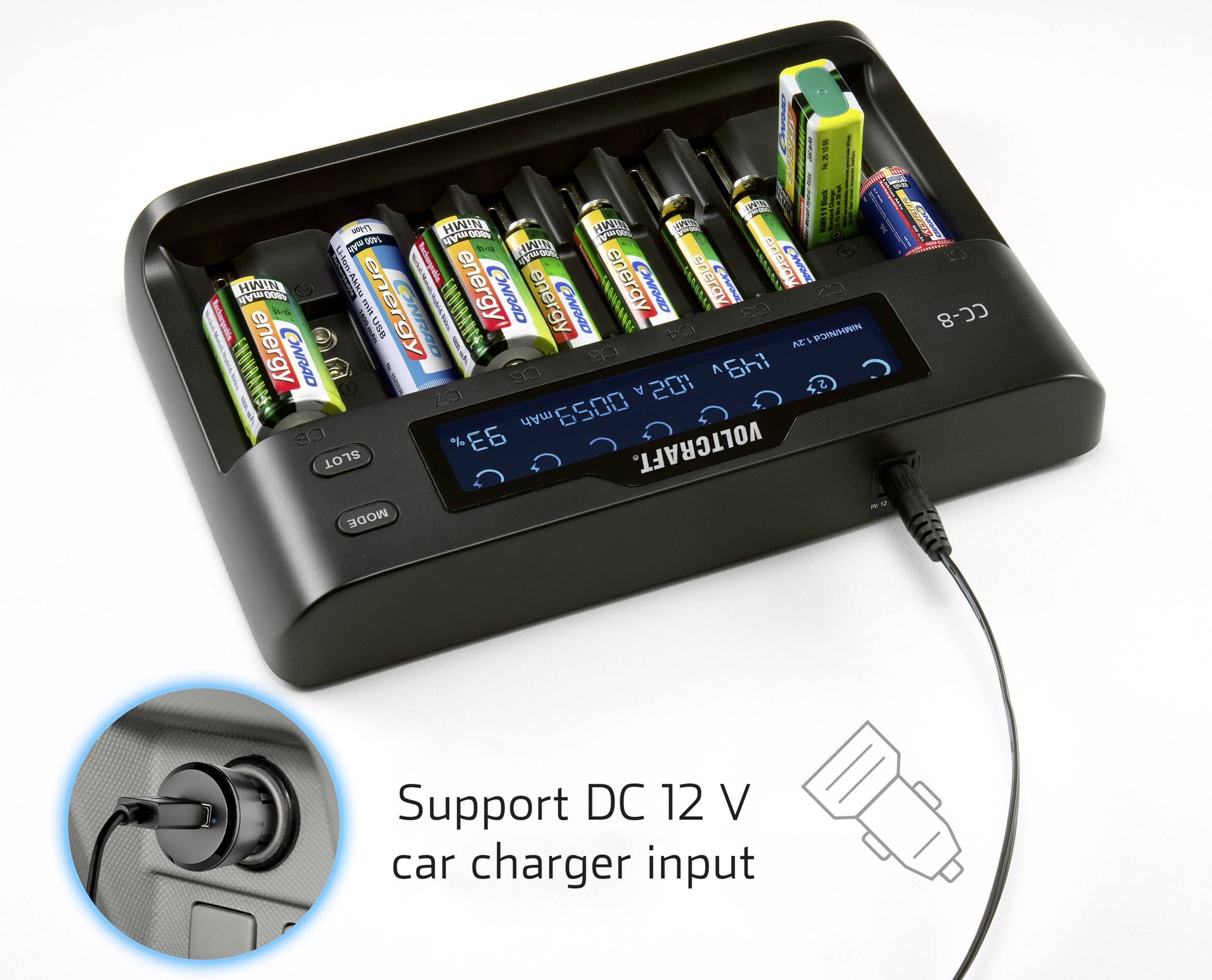 'VOLTCRAFT CC-8 Ładowarka do akumulatorów AA i AAA. Z wejściem ładowarki samochodowej DC 12 V. Wyświetla stan naładowania na wyświetlaczu.'