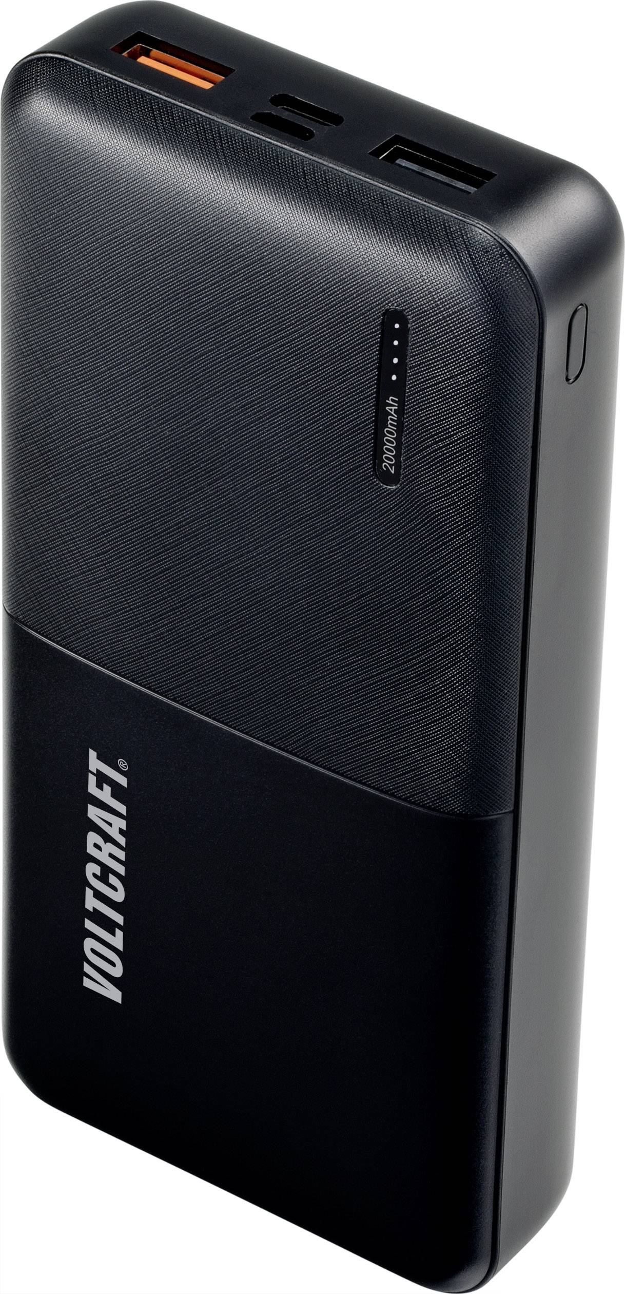 Czarna powerbank z dwoma złączami USB, złączem USB-C i wskaźnikiem LED ładowania. Marka 'VOLCRAFT' na boku.