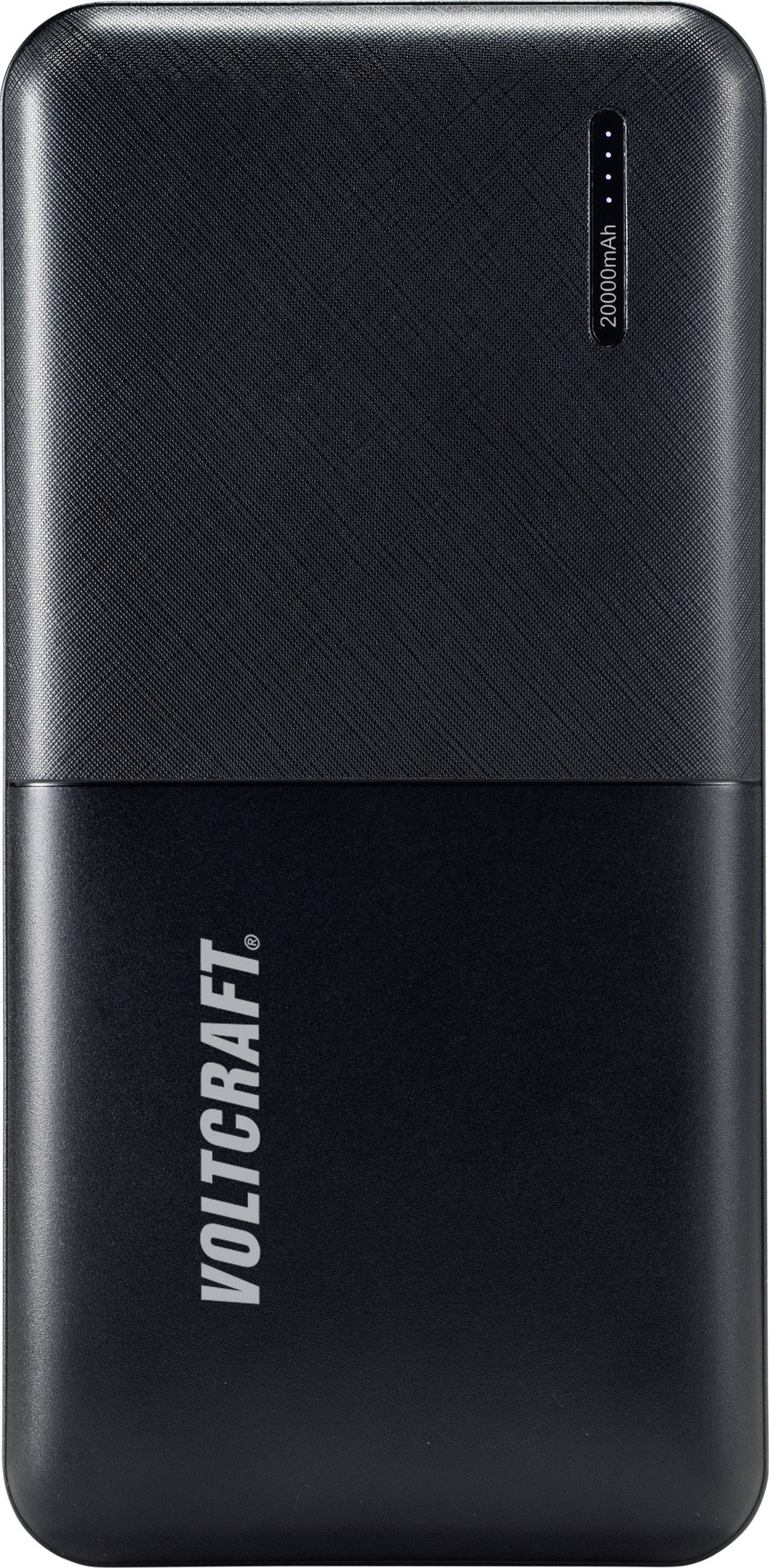 Czarny powerbank marki 'Voltcraft', o pojemności 20000 mAh, kompaktowy w designie.