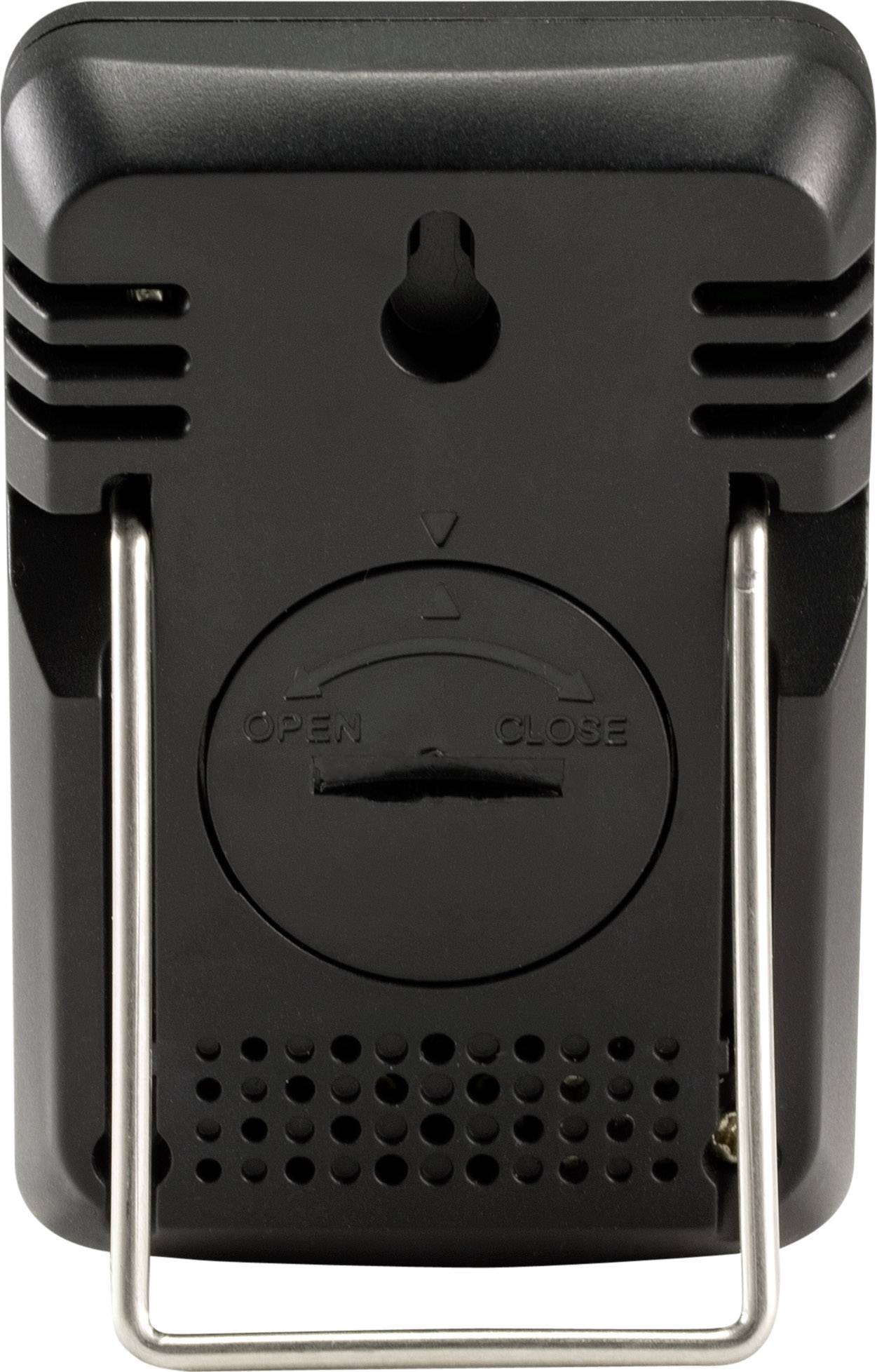 Czarne urządzenie z metalowym uchwytem i obrotowym zamkiem pośrodku wyświetla napisy 'OPEN' i 'CLOSE'.