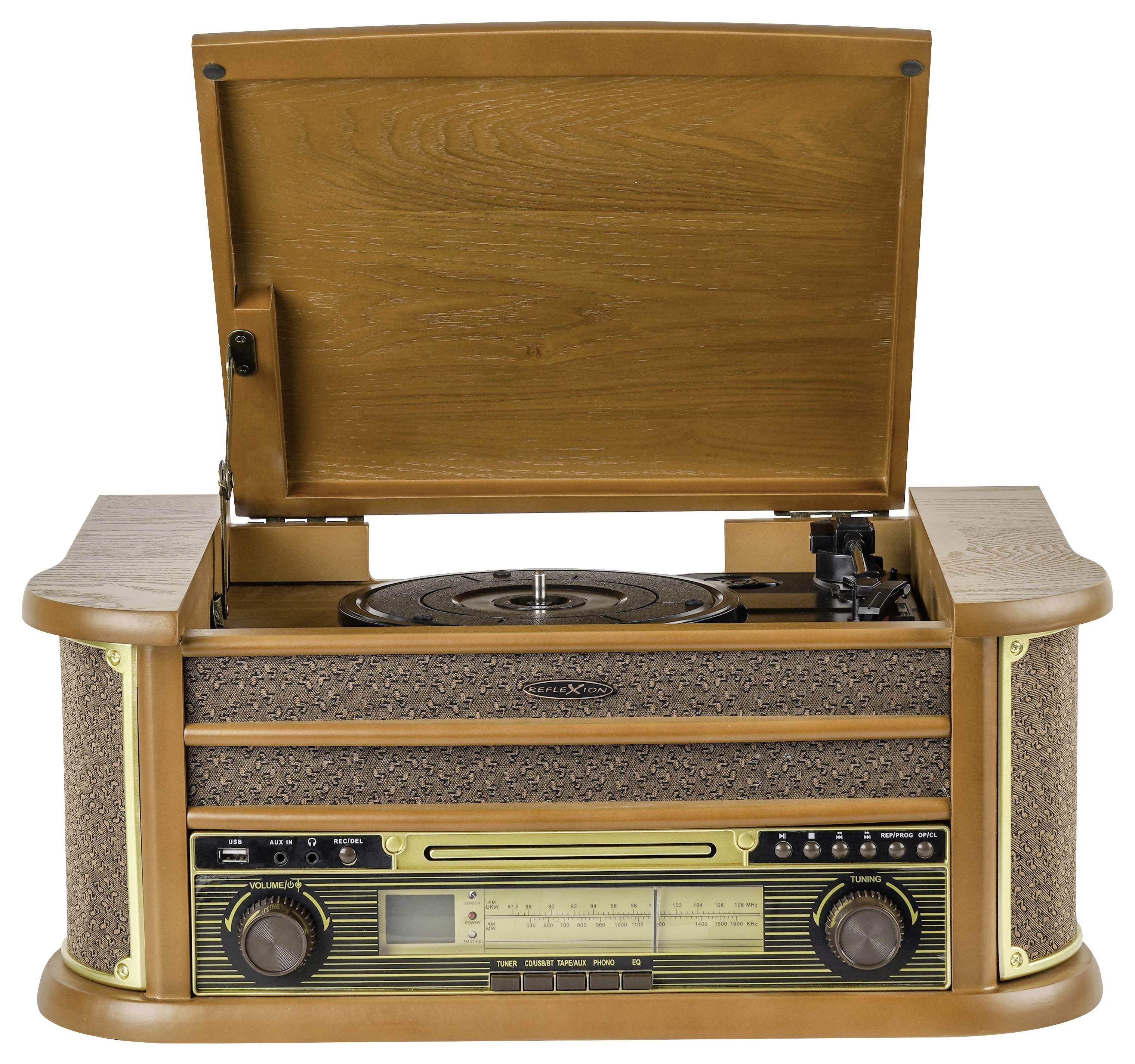 Vintage'owy drewniany odtwarzacz płytowy z otwartą pokrywą, widoczny talerz obrotowy, tuner radiowy i wbudowane głośniki.