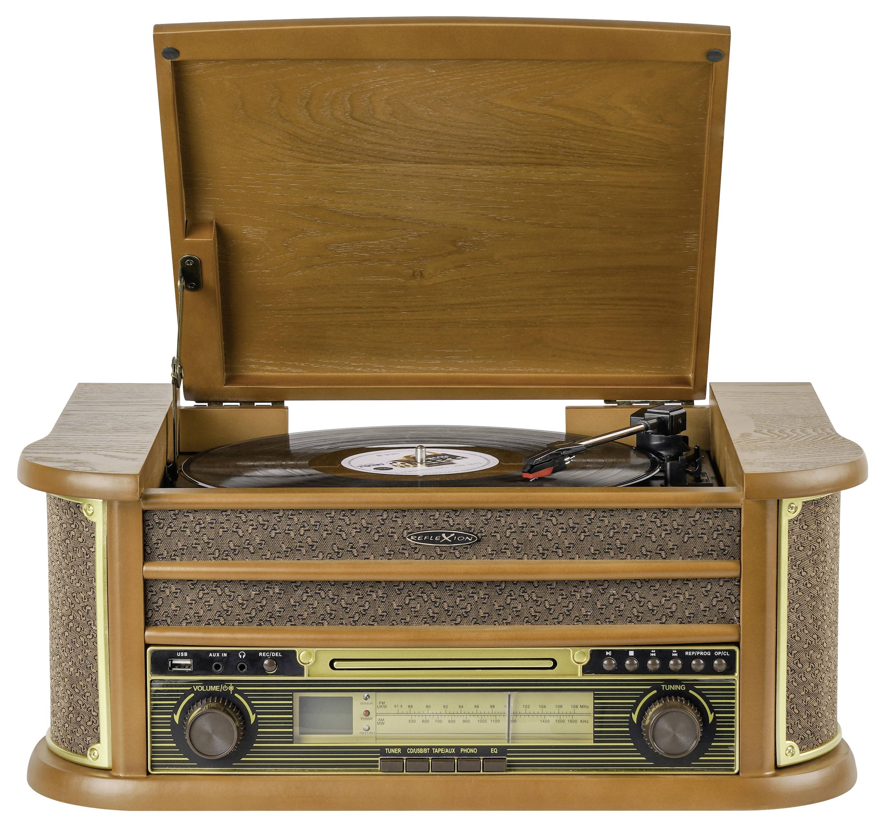 Zabytkowa drewniana konsola z odtwarzaczem płyt winylowych z otwartą pokrywą, pokazująca płytę winylową i elementy sterujące gramofonu.