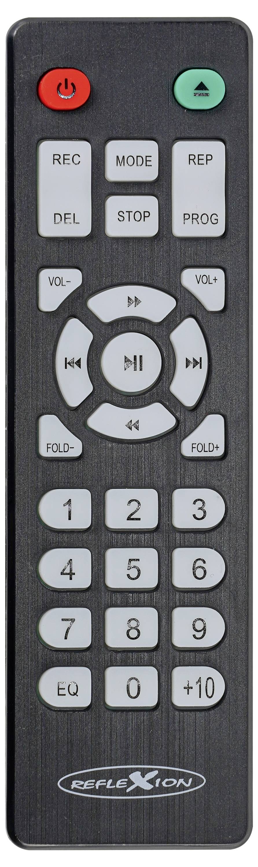 Czarna Reflexion pilota z czerwonym przyciskiem zasilania, nagrywania, trybu, stopu, programu, głośności, kanału, składanymi kontrolkami i klawiaturą numeryczną.
