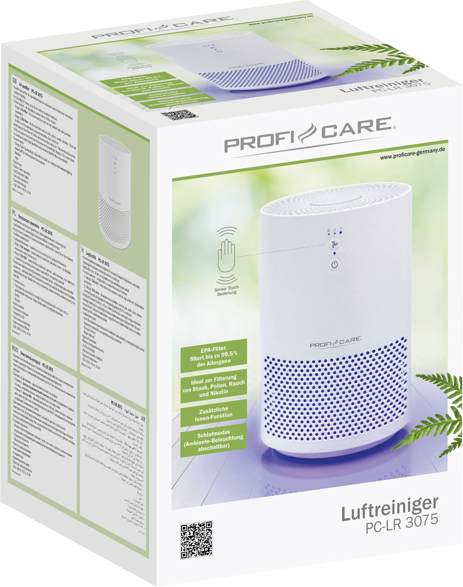'Oczyszczacz powietrza PC-LR 3075' firmy Profi Care, biały, przedstawiony na opakowaniu. Zaleta: filtracja pyłu drobnego, pyłków i dymu.
