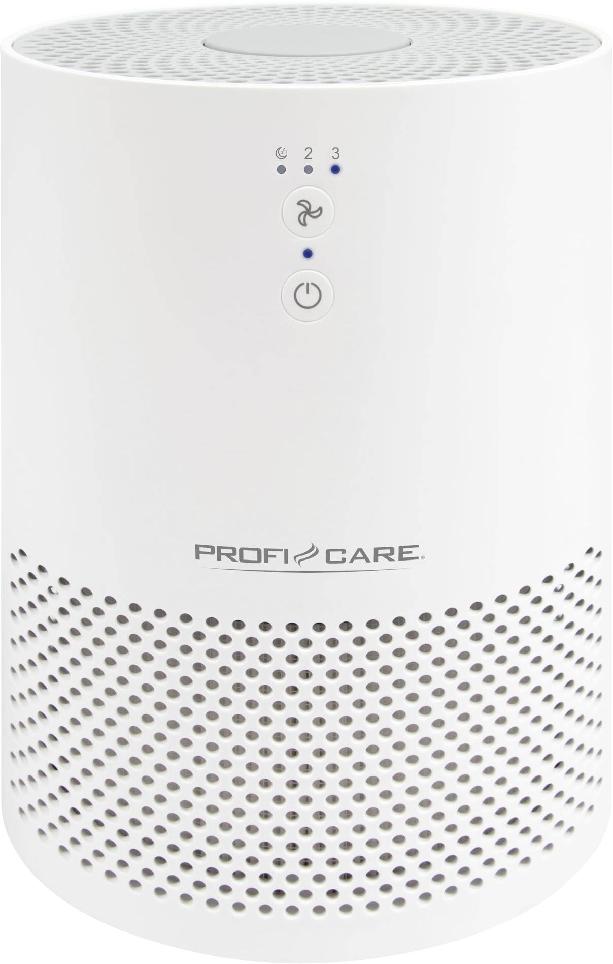 Biały oczyszczacz powietrza marki 'PROFI CARE' z przyciskami sterowania wentylatorem na górze. Urządzenie posiada perforowaną obudowę umożliwiającą wymianę powietrza.