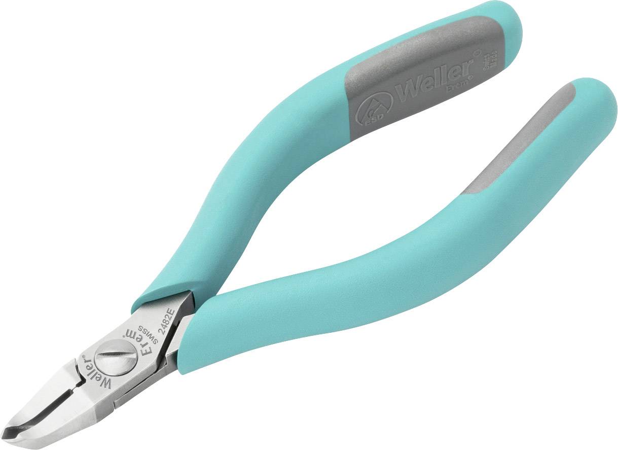 Obcinaczki boczne z turkusowymi uchwytami i szarymi nakładkami, odpowiednie do cięcia przewodów lub delikatnych materiałów.