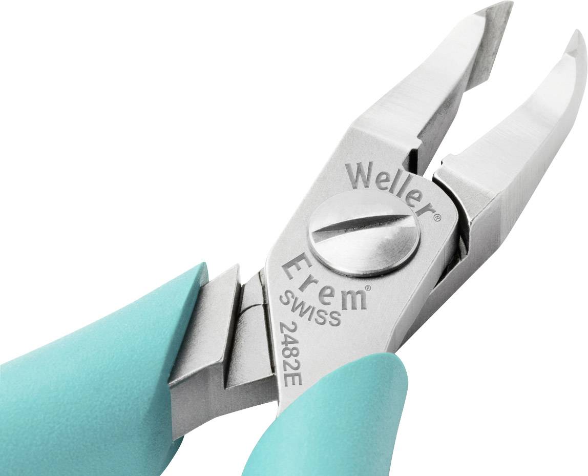 Zbliżenie srebrnej precyzyjnej szczypiec z turkusowymi uchwytami i grawerem 'Weller Erem Swiss 2482E'.