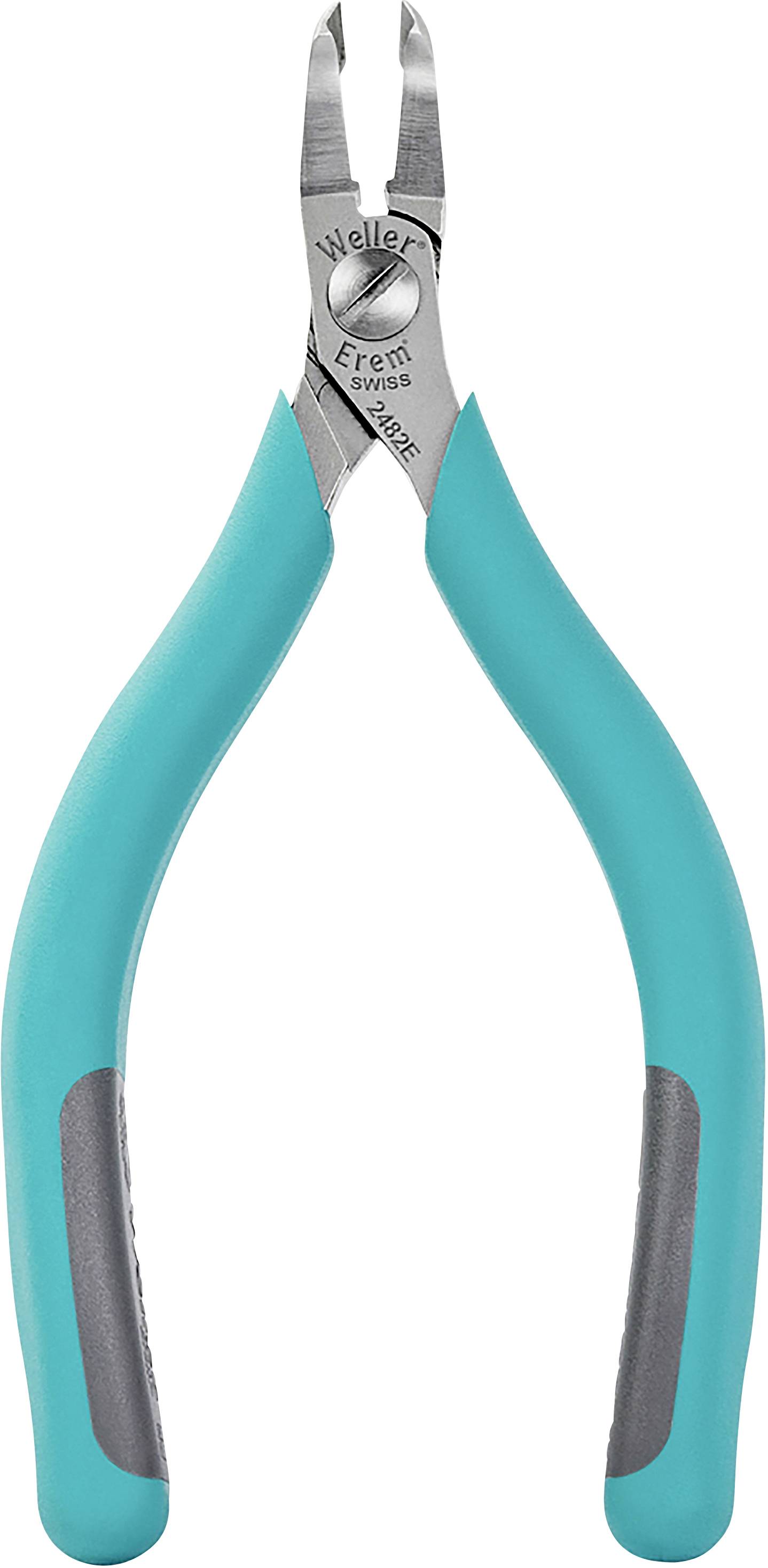 Szczypce z turkusowymi uchwytami i srebrnymi szczękami, odpowiednie do precyzyjnych prac cięcia w elektronice lub mechanice precyzyjnej.