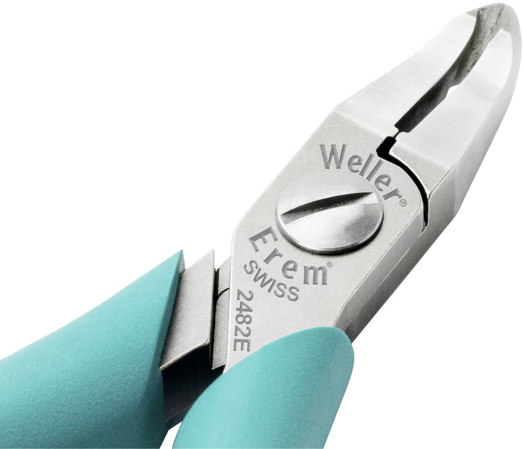 Obcinaczki boczne z turkusowymi uchwytami z napisem 'Weller Erem Swiss 2482E' na jednej z metalowych powierzchni.
