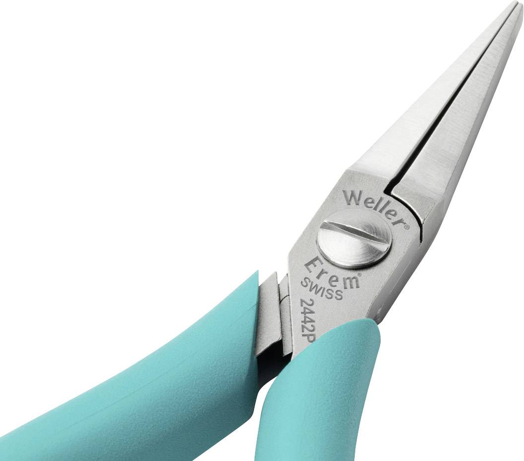 Srebrne precyzyjne szczypce z niebieskimi uchwytami, na których wygrawerowane są słowa 'Weller' oraz 'Erem Swiss 2422P'.