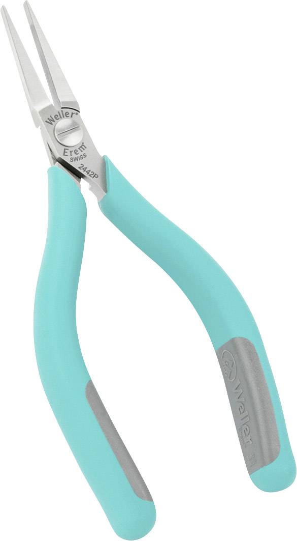 Zielone szczypce z szarymi uchwytami, odpowiednie do precyzyjnych prac, z nazwą marki 'Weller' na metalowym złączu.
