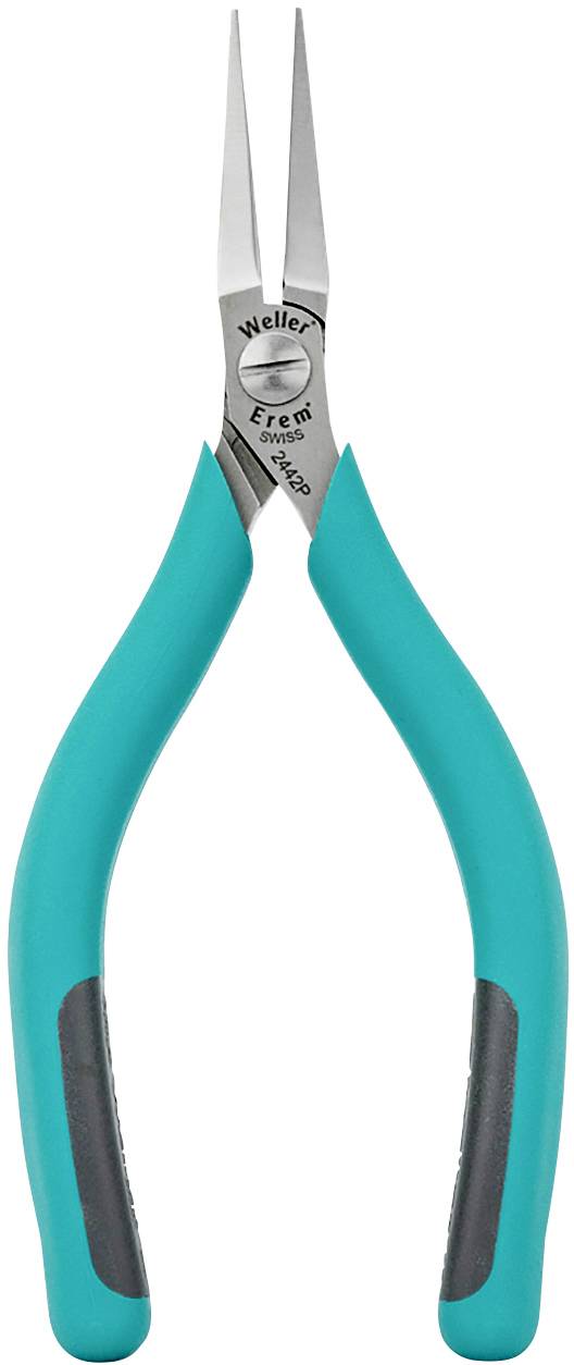 Szczypce precyzyjne z zielonymi uchwytami i metalowymi szczękami, odpowiednie do precyzyjnych prac w elektronice lub przy wyrobie biżuterii.