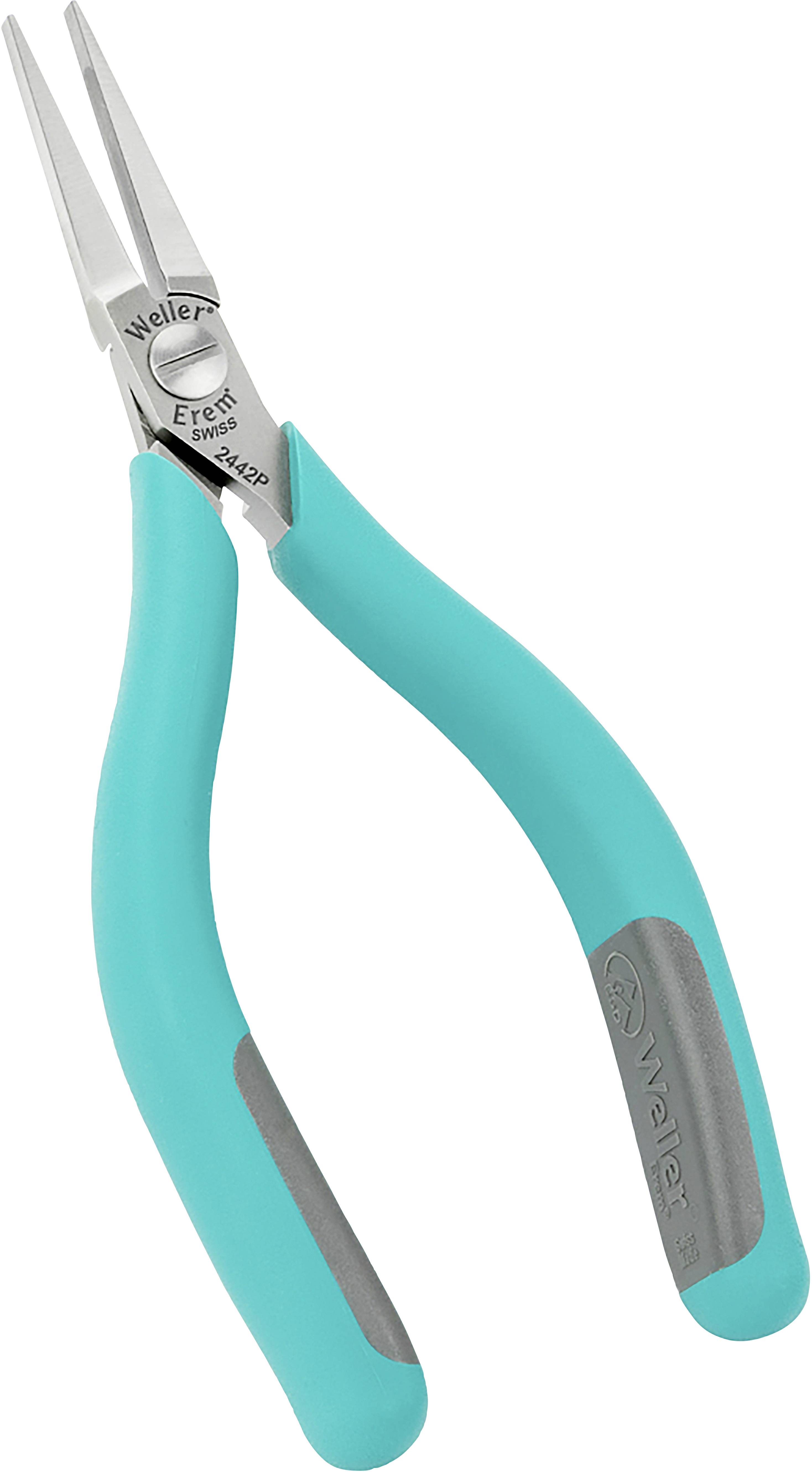 Zielone szczypce okrągłe firmy Weller z szarymi akcentami, idealne do precyzyjnych prac rzemieślniczych.