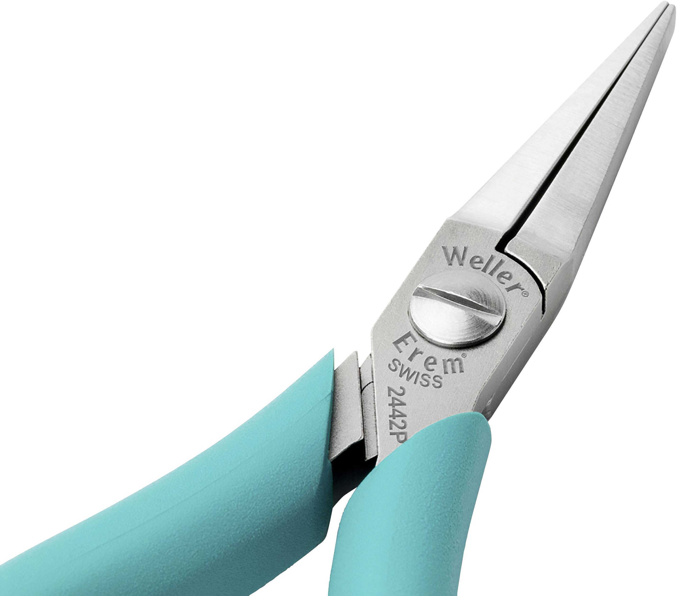 Szczypce precyzyjne z niebieską rękojeścią, metalowymi końcówkami i napisem 'Weller Erem Swiss 2422P' na zawiasie.