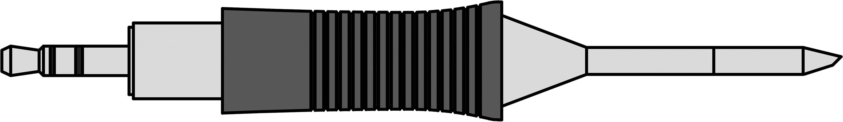 Rysunek złącza stereo jack (wtyk i gniazdo) z żebrowaną powierzchnią uchwytu. Po lewej stronie znajduje się gniazdo, po prawej wtyk.