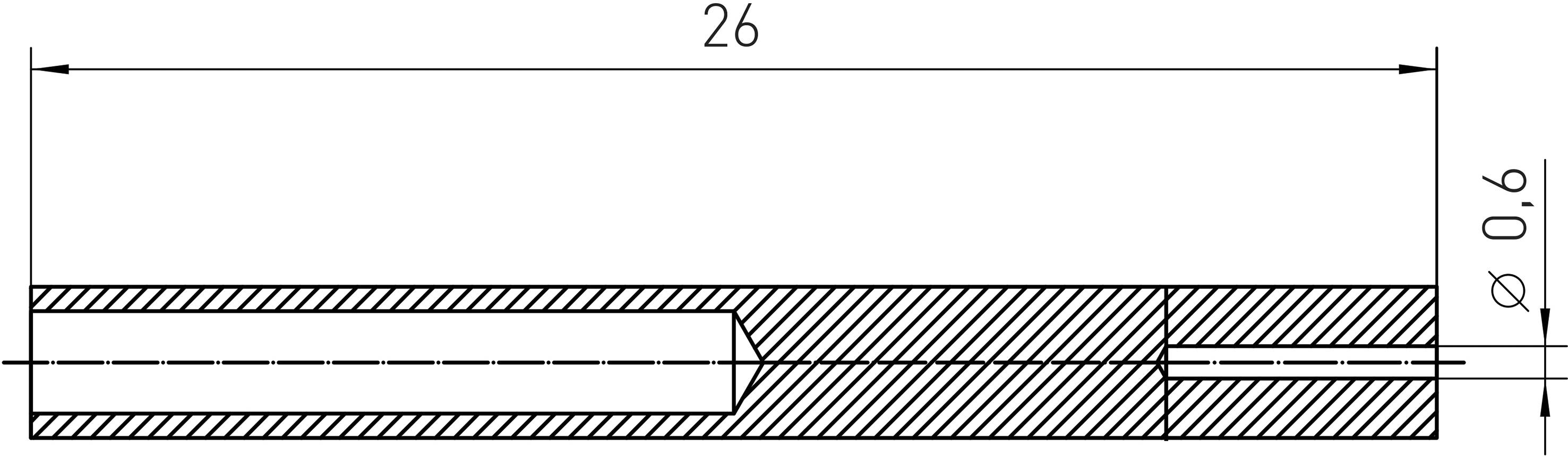 Rysunek techniczny cylindra o długości 26 mm i średnicy 0,6 mm, widok przekroju poprzecznego.
