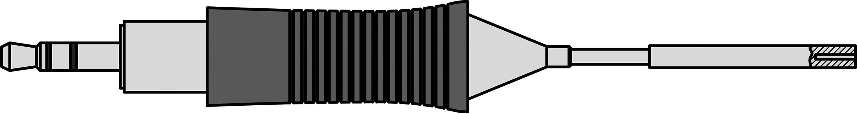 Schemat linki holowniczej: Po lewej stronie element wtykowy, pośrodku elastyczny miech harmonijkowy, po prawej stronie stała długa część zakończona gwintem.