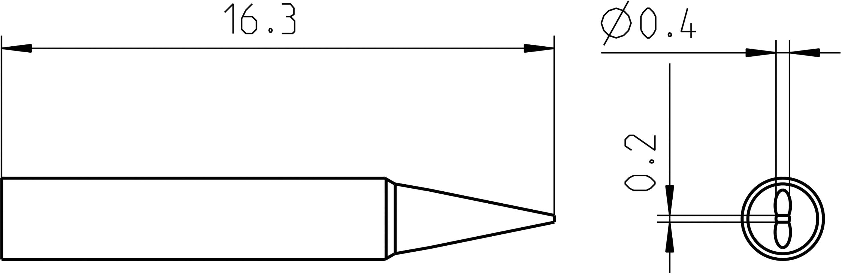 Rysunek techniczny cylindrycznego obiektu zakończonego ostro. Wymiary: długość 16,3, średnica 0,4, szerokość przy czubku 0,2.