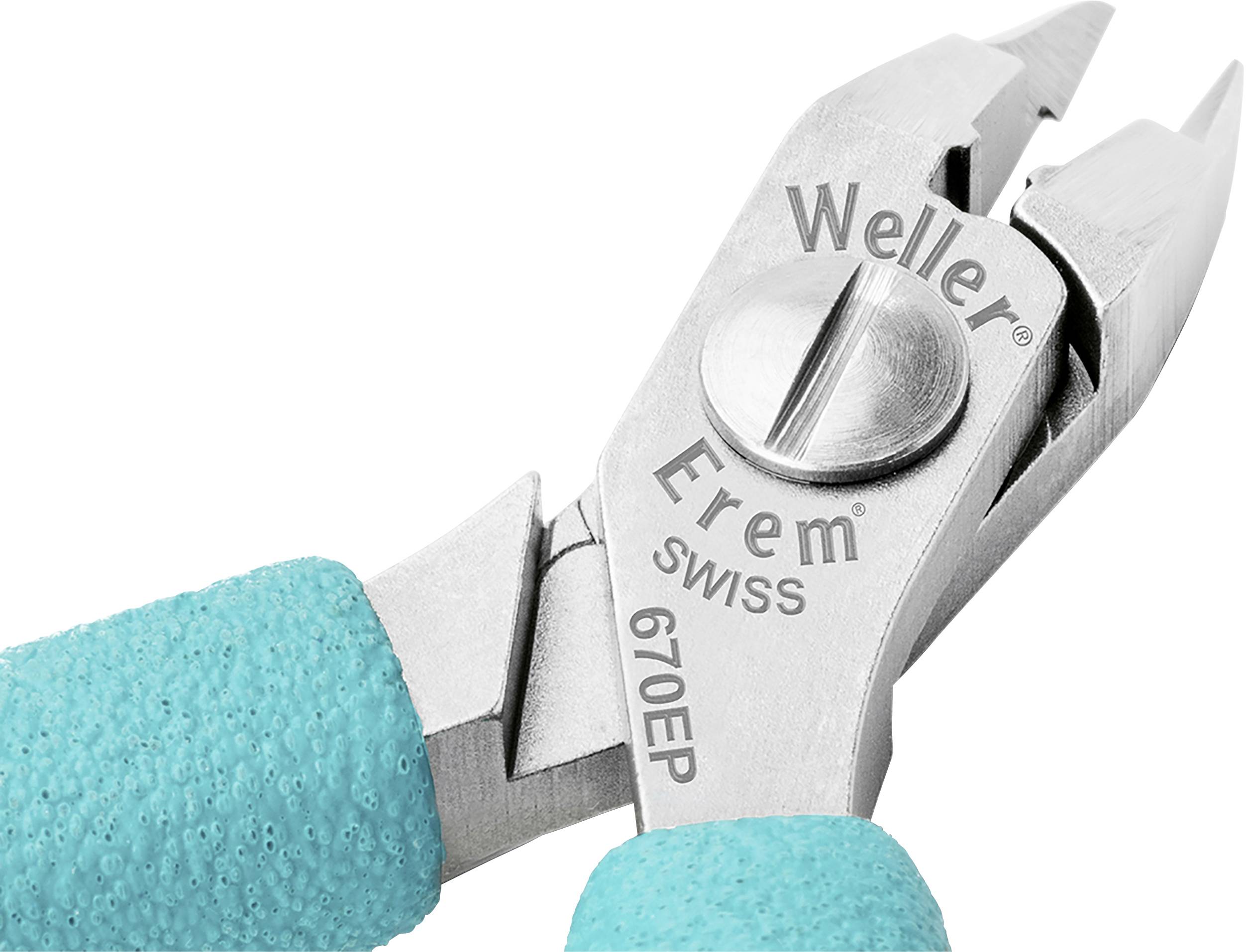 Szczypce z uchwytami w kolorze turkusowym. Grawerowanie na metalu z napisem 'Weller Erem SWISS 670EP'.