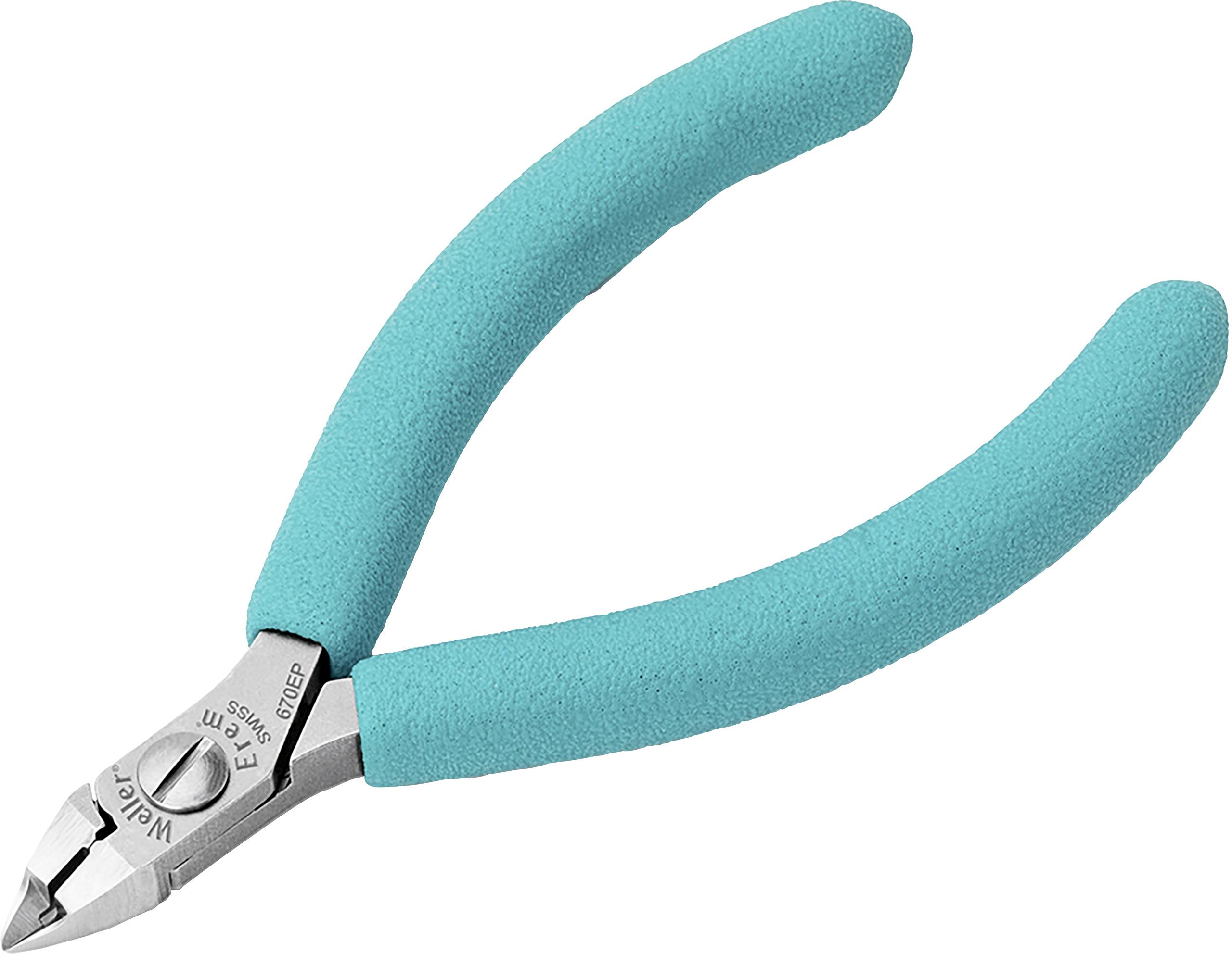 Turkusowe cęgi boczne z ergonomicznymi uchwytami, używane do cięcia przewodów i małych elementów metalowych.