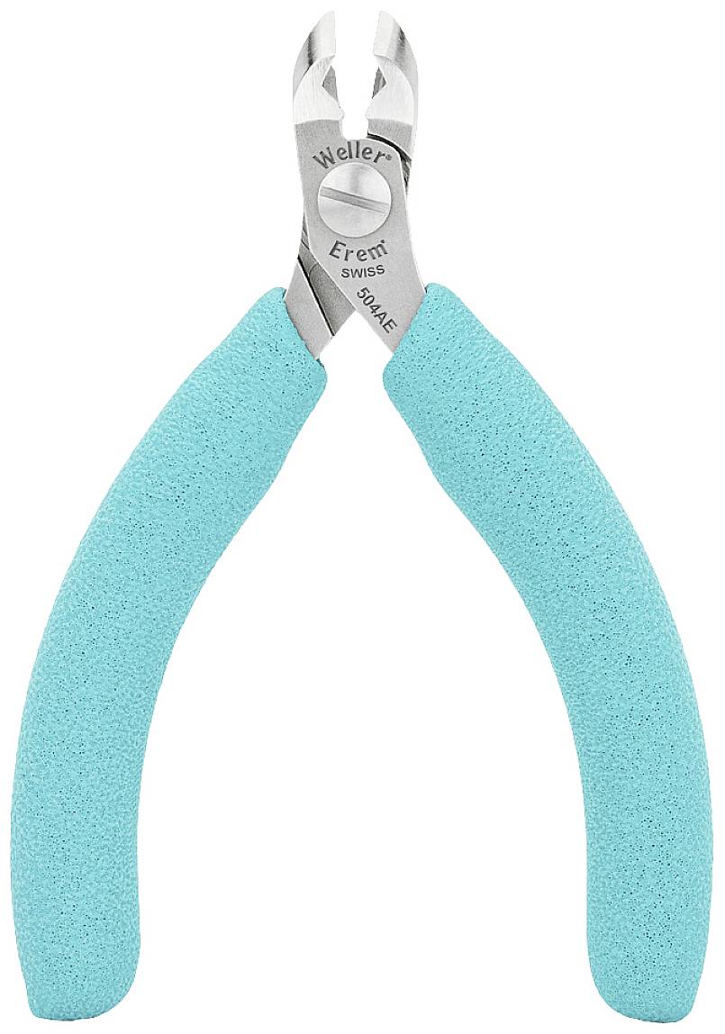 Szczypce o kształcie kleszczy z turkusowymi uchwytami i metalową powierzchnią tnącą. Przydatne do precyzyjnego cięcia cienkich przewodów.