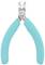 Szczypce o kształcie kleszczy z turkusowymi uchwytami i metalową powierzchnią tnącą. Przydatne do precyzyjnego cięcia cienkich przewodów.