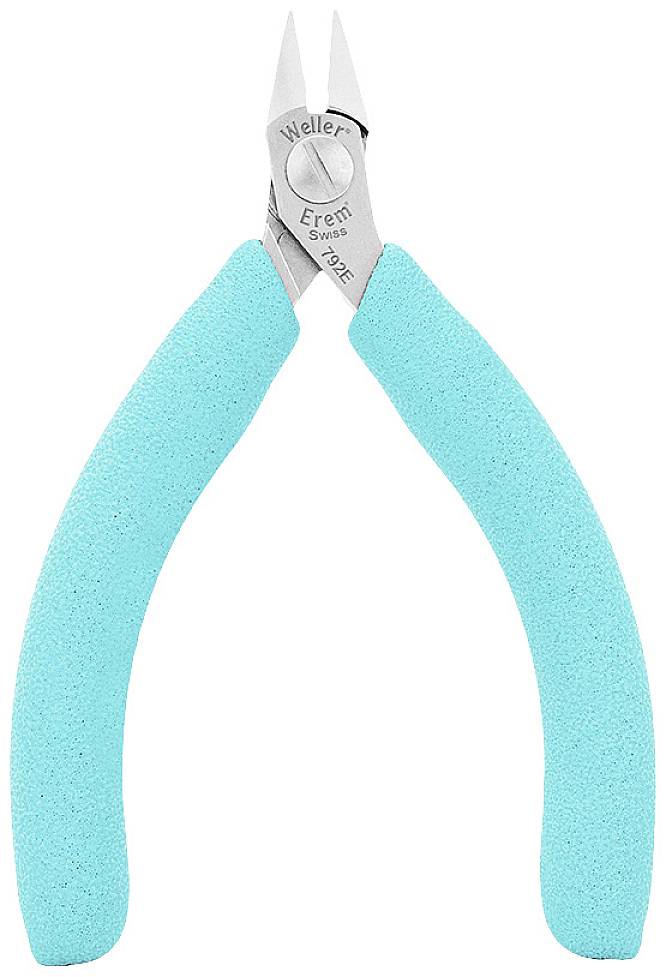 Szczypce z niebieskimi uchwytami i ostrzami metalowymi, odpowiednie do precyzyjnych prac monterskich w elektronice.