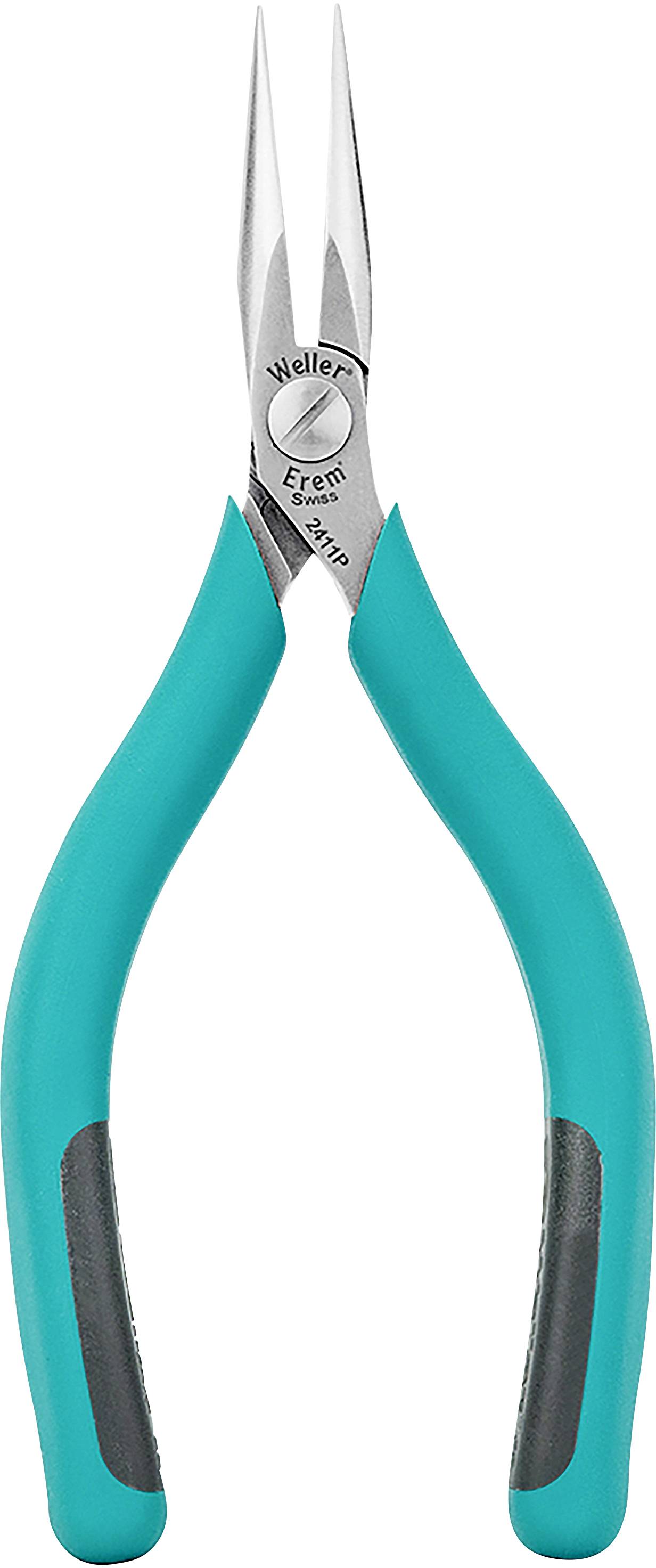 Szczypce precyzyjne z zielonym uchwytem z tworzywa sztucznego, odpowiednie do precyzyjnych prac w elektronice lub delikatnym rzemiośle.