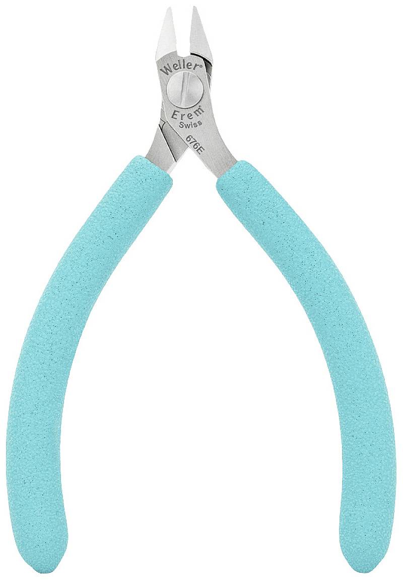 Szczypce z uchwytami w kolorze turkusowym i srebrnymi szczękami, oznaczone napisem 'Weller Erem Swiss 572E'.
