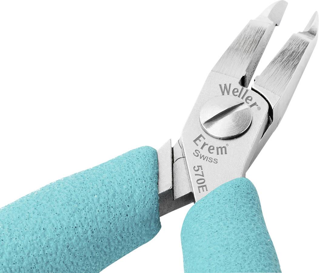 Szczypce z turkusowymi uchwytami i logo Weller Erem, odpowiednie do precyzyjnego cięcia w elektronice i mikromechanice.
