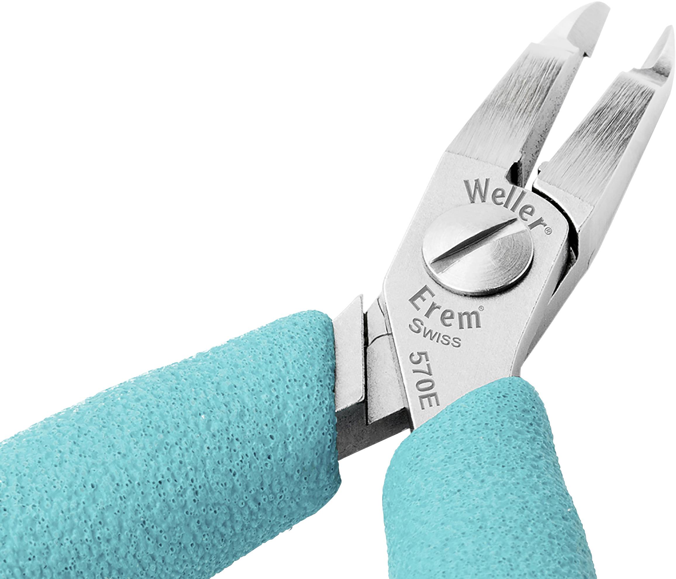 Szczypce z turkusowymi nakładkami na uchwycie, wskazujące końcówkę z napisem 'Weller Erem Swiss 570E' na metalowej obudowie.