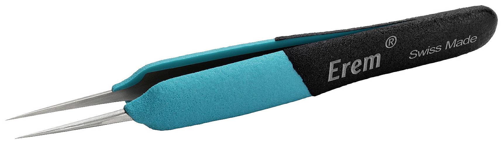 Precyzyjna metalowa pinceta z uchwytem w kolorze turkusowo-niebieskim i czarnym, z napisem 'Erem Swiss Made'.