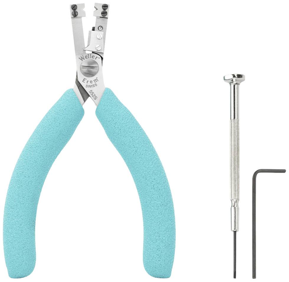 Niebieski szczypce, mały śrubokręt i klucz imbusowy są ułożone obok siebie.