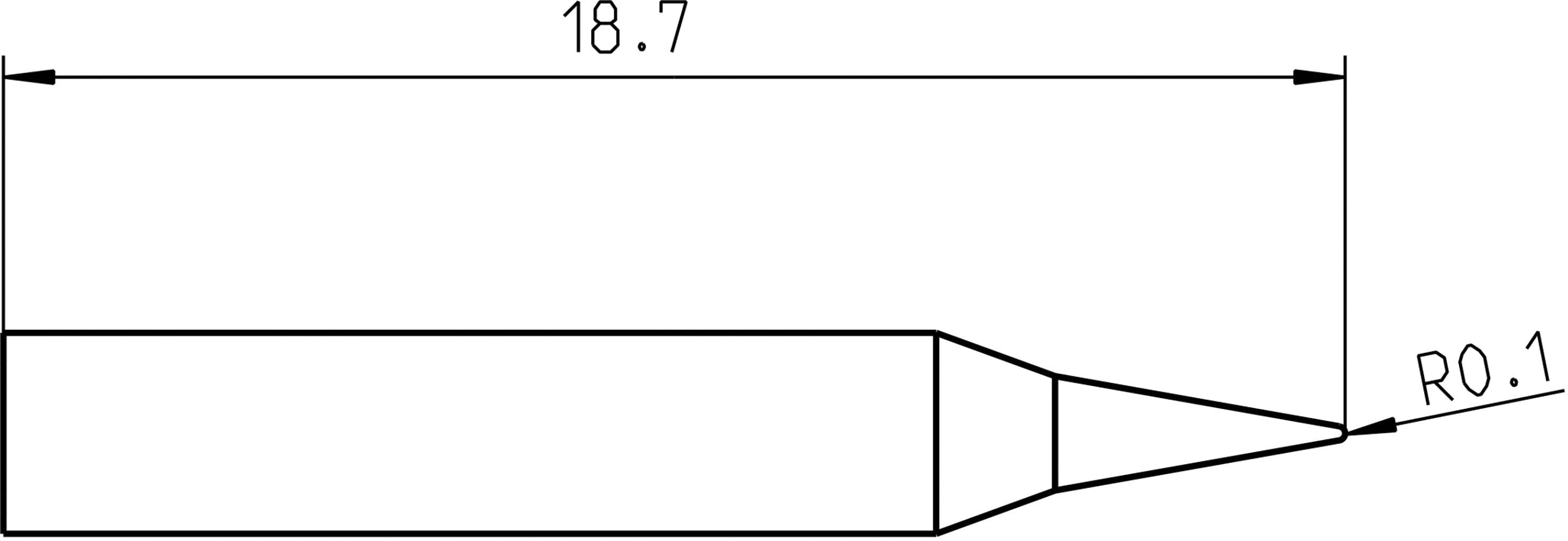 Rysunek cylindrycznego obiektu zakończonego ostro zwężającym się czubkiem, opisany oznaczeniami '18.7' oraz 'R0.1', przedstawiający wymiary.