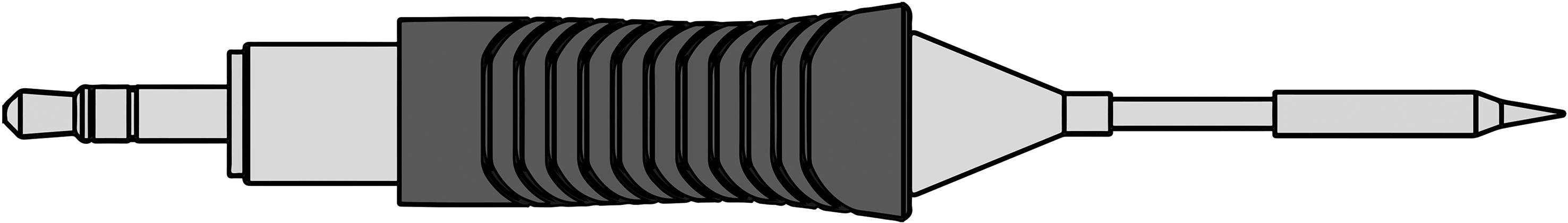 Ilustracja współosiowego złącza wtykowego z żebrowaną izolacją i cylindryczną metalową końcówką.