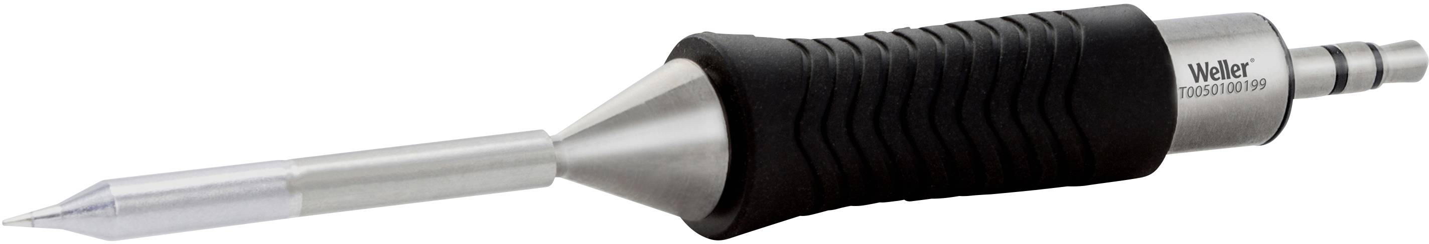Lutownica z czarną rękojeścią i srebrnym grotem leży poziomo. Po stronie uchwytu widnieje napis 'Weller'. Odpowiednia do prac elektronicznych.