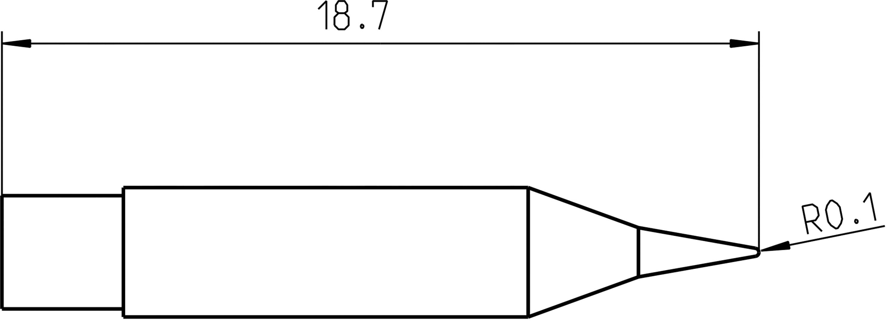 Rysunek techniczny ostrego cylindrycznego obiektu o długości 18,7 jednostek i promieniu zaokrąglenia R0,1 na czubku.
