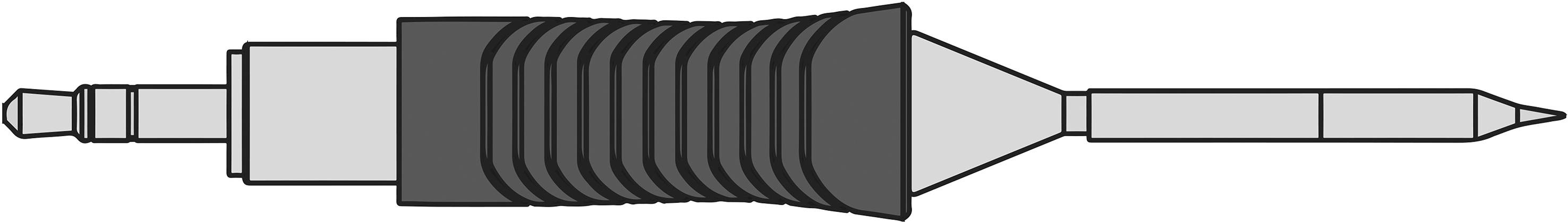 Rysunek przemysłowego złącza elektrycznego z rowkowanym uchwytem i dwoma metalowymi stykami, prezentujący szczegóły jego budowy.