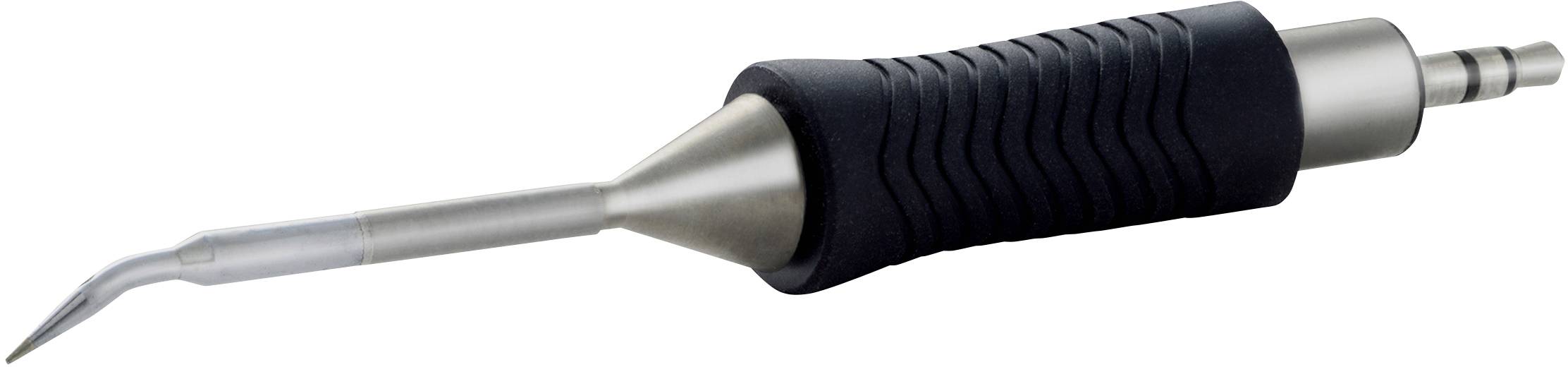 Narzędzie stomatologiczne z wygiętą rękojeścią wykonaną z metalu i tworzywa sztucznego, używane do leczenia i czyszczenia zębów.