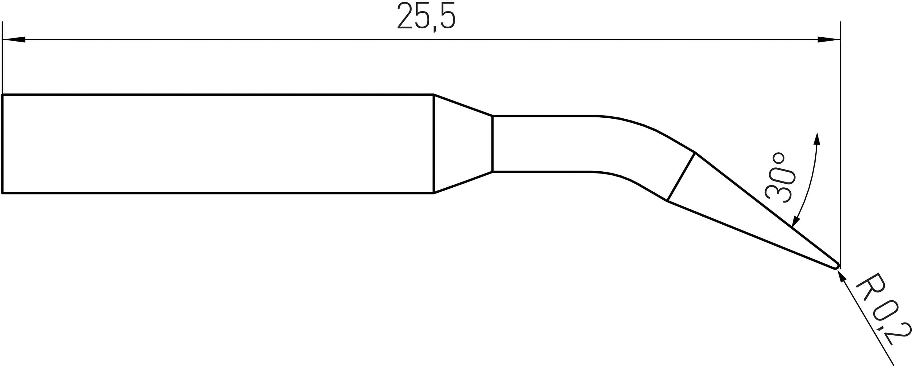 Rysunek końcówki lutowniczej: całkowita długość 25,5 mm, kąt wierzchołka 30 stopni, promień krzywizny 0,2 mm.